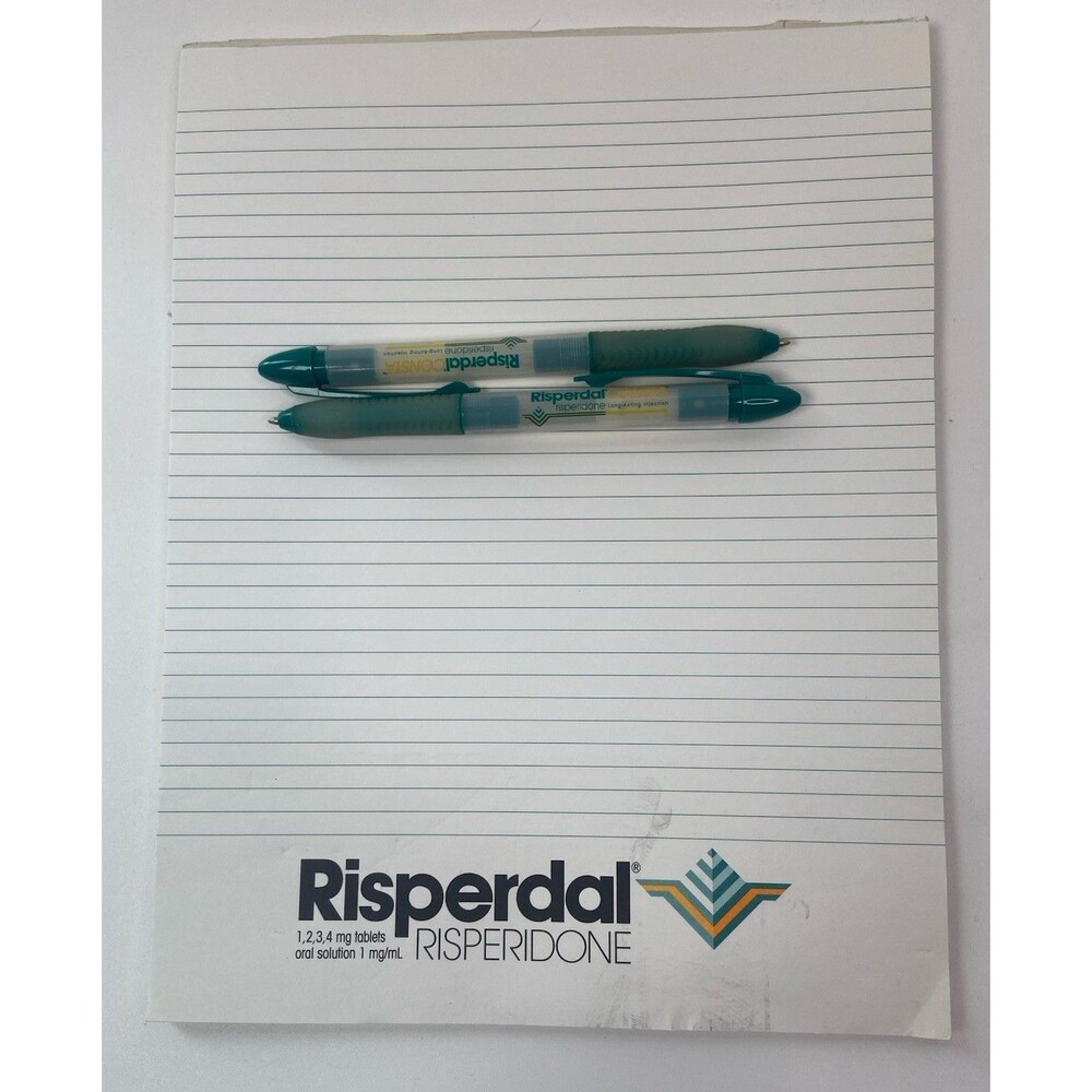 Lot of 2 Risperdal Medical Drug Rep Pharmaceutical Pens White Green And Notepad